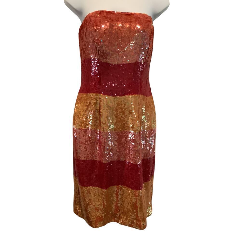 VICTOR COSTA VINTAGE ORANGE, YELLOW AND RED SEQUIN STRAPLESS DRESS 10